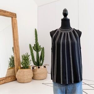 White House Black Market Sleeveless Geometric Contrast Embroidered Top